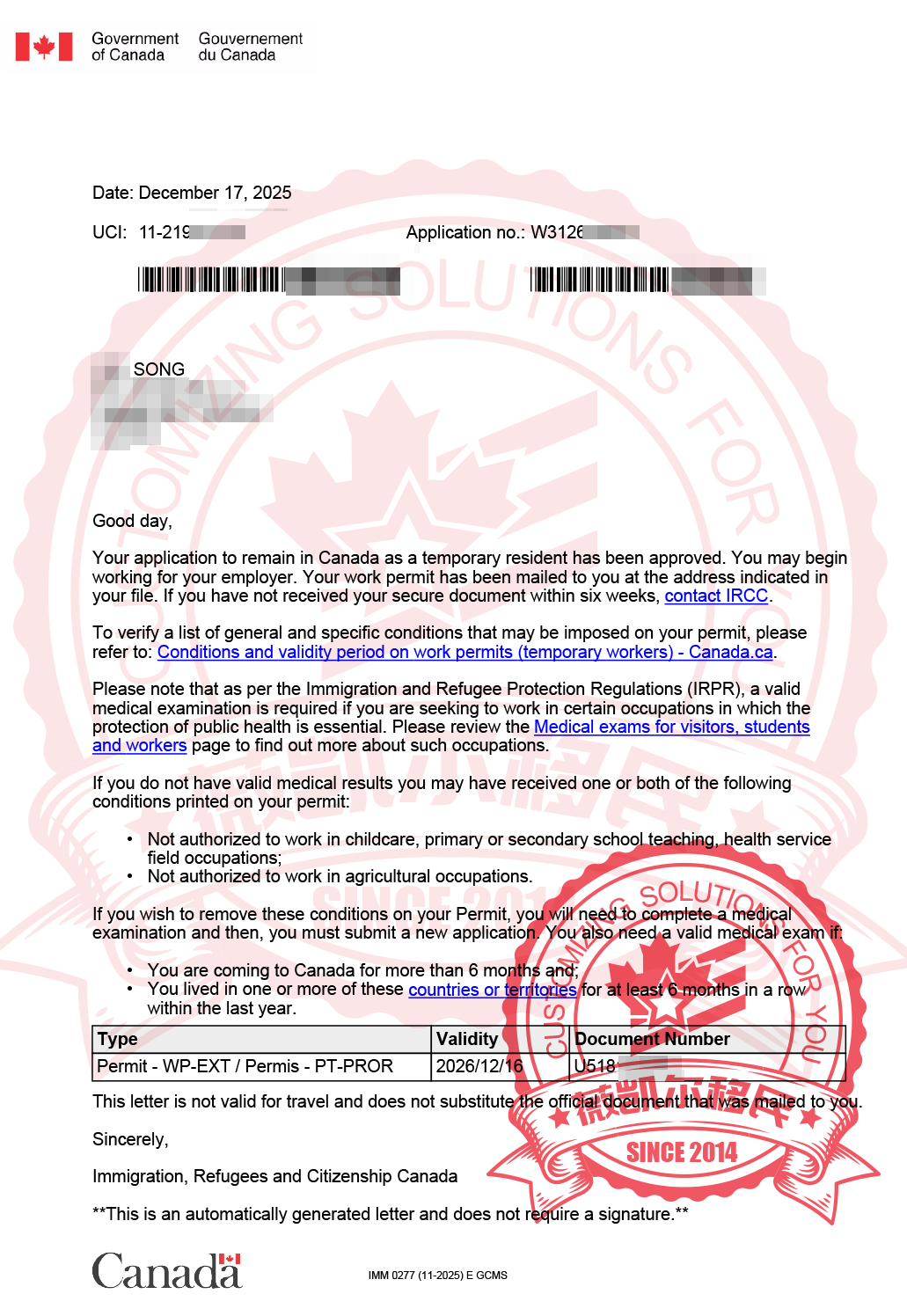 2025.12.19 恭喜曼省宋先生加拿大封闭工签成功转为保姆封闭式工