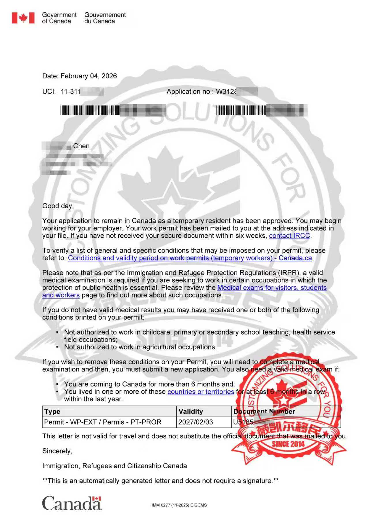 2026.2.7 恭喜学签持有者陈女士转保姆老人工签获批